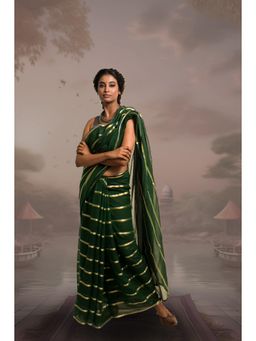 Huts and Looms - Women Green Stripes Cotton Saree Without Blouse