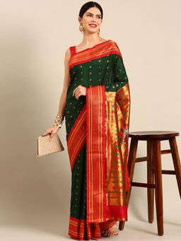 VARKALA SILK SAREES - Women Green Woven Silk Blend Saree with Unstitched Blouse