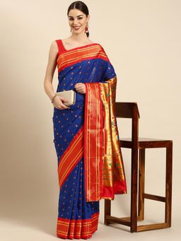 VARKALA SILK SAREES - Women Blue Woven Silk Blend Saree with Unstitched Blouse