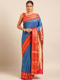 VARKALA SILK SAREES - Women Aqua Woven Silk Blend Saree with Unstitched Blouse