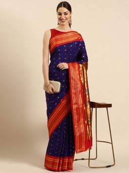 VARKALA SILK SAREES - Women Indigo Woven Silk Blend Saree with Unstitched Blouse