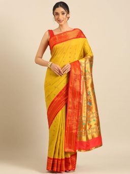 VARKALA SILK SAREES - Women Mustard Woven Silk Blend Saree with Unstitched Blouse