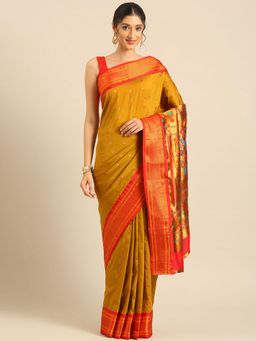 VARKALA SILK SAREES - Women Brown Woven Silk Blend Saree with Unstitched Blouse