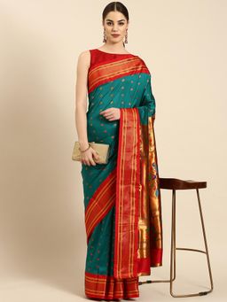 VARKALA SILK SAREES - Women Teal Woven Silk Blend Saree with Unstitched Blouse
