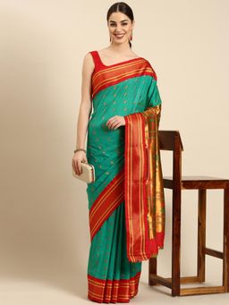 VARKALA SILK SAREES - Women Green Woven Silk Blend Saree with Unstitched Blouse