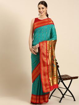 VARKALA SILK SAREES - Women Turquoise Woven Silk Blend Saree with Unstitched Blouse