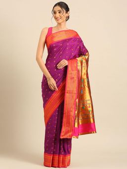 VARKALA SILK SAREES - Women Purple Woven Silk Blend Saree with Unstitched Blouse