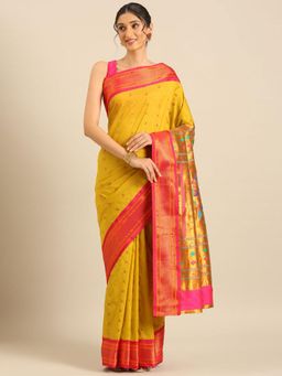 VARKALA SILK SAREES - Women Mustard Woven Silk Blend Saree with Unstitched Blouse