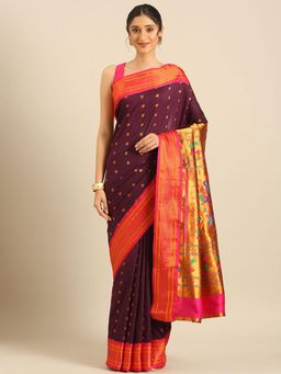 VARKALA SILK SAREES - Women Wine Woven Silk Blend Saree with Unstitched Blouse