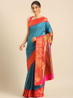 VARKALA SILK SAREES - Women Teal Woven Silk Blend Saree with Unstitched Blouse