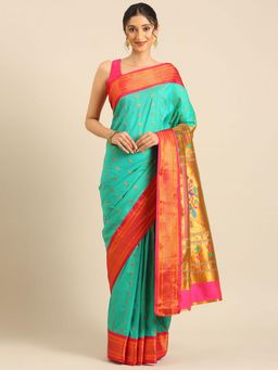VARKALA SILK SAREES - Women Green Woven Silk Blend Saree with Unstitched Blouse