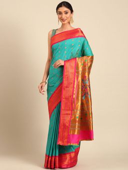 VARKALA SILK SAREES - Women Turquoise Woven Silk Blend Saree with Unstitched Blouse