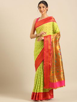 VARKALA SILK SAREES - Women Green Woven Silk Blend Saree with Unstitched Blouse