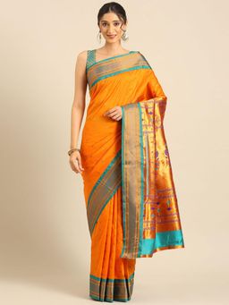VARKALA SILK SAREES - Women Orange Woven Silk Blend Saree with Unstitched Blouse