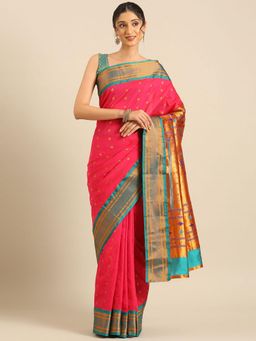 VARKALA SILK SAREES - Women Pink Woven Silk Blend Saree with Unstitched Blouse