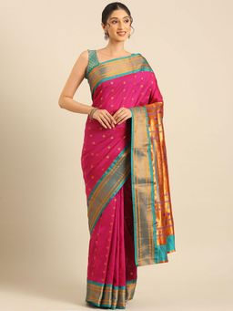 VARKALA SILK SAREES - Women Magenta Woven Silk Blend Saree with Unstitched Blouse