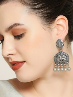 OOMPH - Jewellery Oxidised Silver Peacock Design Ethnic Drop Earrings