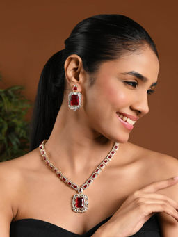 I Jewels - Gold Plated Maroon Stone-Studded Jewellery Set