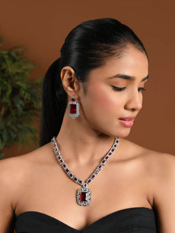 I Jewels - Silver Plated Maroon Stone-Studded Jewellery Set