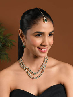 I Jewels - Gold-Plated Green Stone Studded Jewellery Set