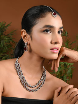 I Jewels - Silver-Plated Purple Stone Studded Jewellery Set