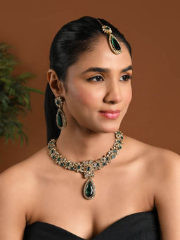 I Jewels - Gold-Plated Green Stone Studded Jewellery Set