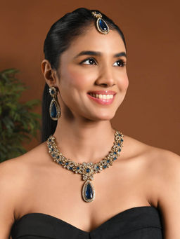 I Jewels - Gold-Plated Blue Stone Studded Jewellery Set