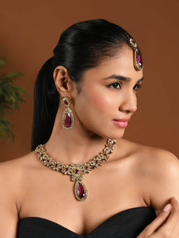 I Jewels - Gold-Plated Pink Stone Studded Jewellery Set