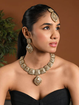 I Jewels - Gold-Plated White Stone Studded Jewellery Set