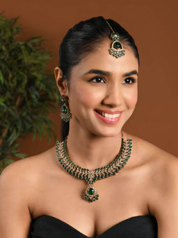 I Jewels - Gold-Plated Green Stone Studded Jewellery Set