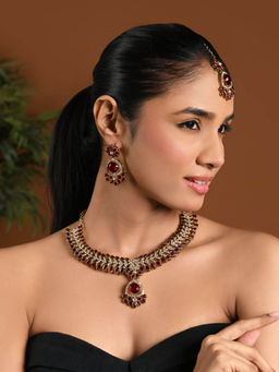 I Jewels - Gold-Plated Maroon Stone Studded Jewellery Set