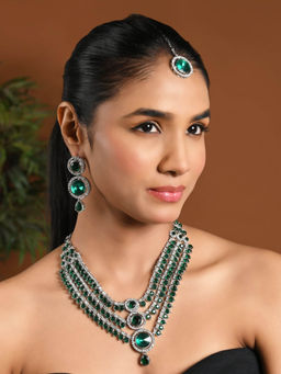 I Jewels - Silver-Plated Green Stone Studded Layered Jewellery Set