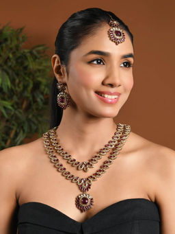 I Jewels - Gold-Plated Pink Stone Studded Layered Jewellery Set