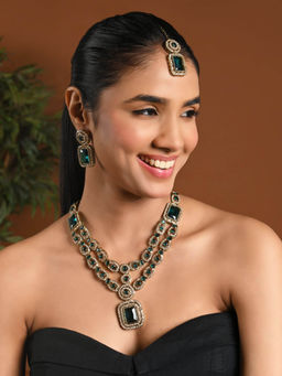 I Jewels - Gold-Plated Green Stone Studded Layered Jewellery Set