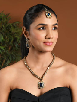 I Jewels - Gold-Plated Blue Stone Studded Jewellery Set