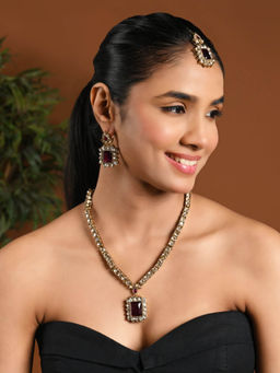 I Jewels - Gold-Plated Pink Stone Studded Jewellery Set