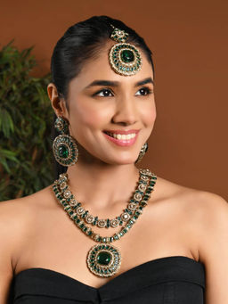 I Jewels - Gold-Plated Green Stone Studded Layered Jewellery Set