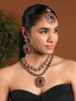 I Jewels - Gold-Plated Pink Stone Studded Layered Jewellery Set