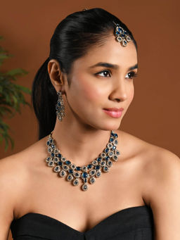 I Jewels - Blue Stone Studded Jewellery Set
