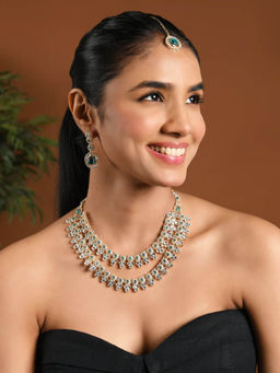 I Jewels - Gold-Plated Green Stone Studded Layered Jewellery Set