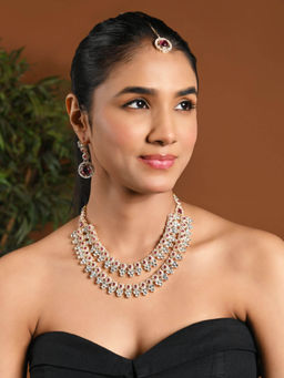 I Jewels - Gold-Plated Pink Stone Studded Layered Jewellery Set