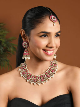 I Jewels - Gold-Plated Pink Stone and Pearl Studded Jewellery Set