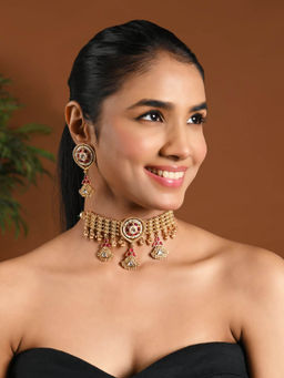 I Jewels - Gold-Plated Pink Stone and Pearl Studded Jewellery Set