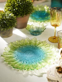 Pure Home + Living - Set Of 2 Green & Blue Ombre Gerbera Glass Dinner Plates