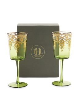 Pure Home + Living - Set Of 2 Green and Gold Overlay Wine Glasses