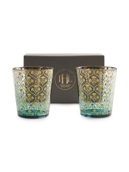 Pure Home + Living - Set Of 2 Green and Blue Gold Overlay Drinking Glasses