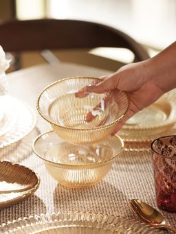 Pure Home + Living - Set Of 2 Amber and Gold Ribbed Side Bowls