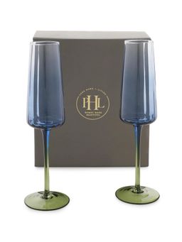Pure Home + Living - Set Of 2 Blue and Green Ombre Ribbed Champagne Flutes