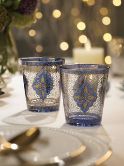 Pure Home + Living - Set Of 2 Blue and Gold Floral Motif Printed Drinking Glasses