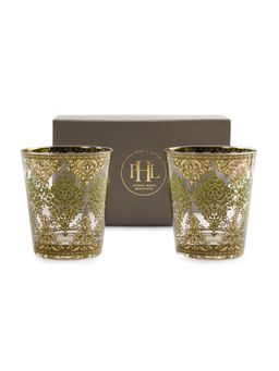 Pure Home + Living - Set Of 2 Green and Gold Floral Printed Drinking Glasses